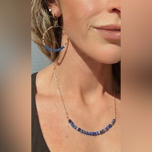 Blue Sodalite Sparkly Gold Hoop Earrings Fun dangle earrings Waterproof Jewelry
